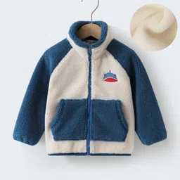 Kookie Kids Full Raglan Sleeves High Neck Winter Fur Jacket with Shark Patch Detailing & Kangaroo Pockets - Blue-picture-3