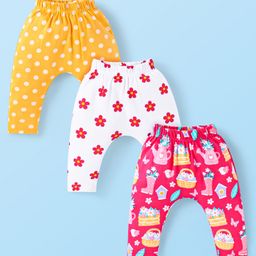 Babyhug Interlock Knit Full Length Diaper Leggings with Polka Dots & Floral Print Pack of 3 - White Yellow & Pink-image-96