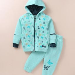 Little Darlings Fleece Knit Full Sleeves Front OpenHooded Winter Night Suit With Butterflies Print - Turquoise-image-47