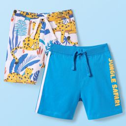 Babyhug Single Jersey Knit Mid Thigh Shorts with Animal & Jungle Safari Text Print Pack Of 2 - White & Blue-image-97
