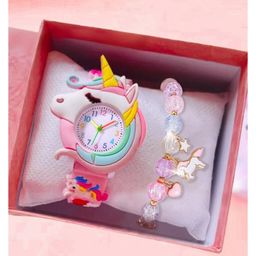 Ziory Unicorn Designed Watch & Beaded Bracelet Set - Pink-17