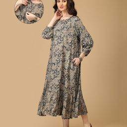 The Mom Store Rayon Three Fourth Puffed Sleeves Paisley Printed Maternity Dress With Nursing Access - Multi Colour-image-63