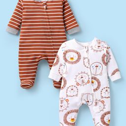 Kookie Kids Interlock Knit Full Sleeves Striped & Animal Printed Footed Sleep Suits Pack of 2 - White & Brown-image-93