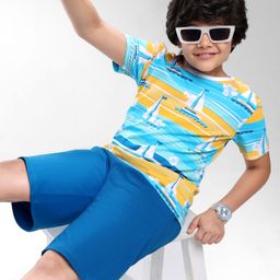 Ollington St. Cotton Half Sleeves T-Shirt & Knit Shorts with Nautical Theme Print - Blue-image-37
