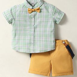 ToffyHouse Poplin Woven Half Sleeves Checkered Shirt & Shorts Set with Bow & Suspender - Sea Green & Mustard-image-28