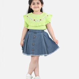 Aww Hunnie 100% Cotton Half Sleeves Floral Embroidered Top With Denim Flared Skirt - Green-image-94
