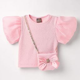 Little Kangaroos Knit Half Puffed Sleeves Solid Color Textured Top with Sling Bag - Pink-image-26