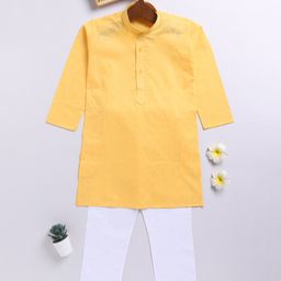 JBN Creation Cotton Blend Full Sleeves Geometric Embroidered Kurta Pyjama Set - Yellow-image-61