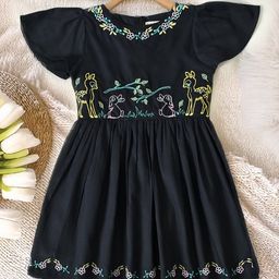 Bella Moda Cotton Cap Sleeves Animals Embroidered Dress - Navy Blue-image-80