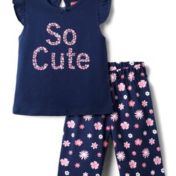 Babyhug Cotton Knit Frill Sleeves Half Capri Night Suit with Floral Print - Navy Blue-image-7
