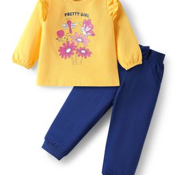 Doodle Poodle 100% Cotton Knit Full Sleeves T-Shirt & Trouser With Floral Print - Yellow & Navy Blue-image-87