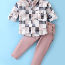 Rikidoos Full Sleeves Checked Shirt With Pant Suspender & Bow Set - White & Chalk Peach-image-4