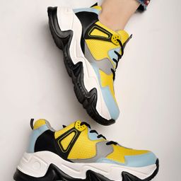 Shoetopia Mesh Detailed Colour Blocked Lace Up Sneakers - Yellow-image-28