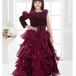 Tiny Kingdom Satin Woven Cold Shoulder Sleeves Floral Applique Detailed Stones Embellished Gown - Maroon-image-43