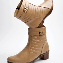Shoetopia Buckle Applique Detailed Zipper Closure Boots - Cream-image-74