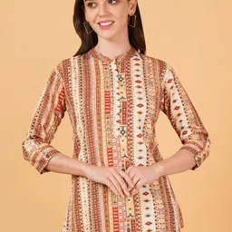 FebQ Print Mandarin Collar Roll-Up Sleeves Shirt Style Top-image-12