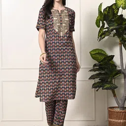 Myshka Women Ethnic Motifs Embroidered Regular Beads and Stones Pure Cotton Kurta with Trousers-picture-50