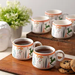 CDI White & Green Printed Ceramic Glossy Cups Set of Cups and Mugs image 1