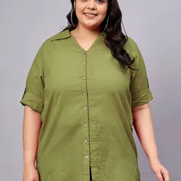 Indietoga Women Solid Roll-Up Sleeves Cotton Shirt Style Longline Top-image-90