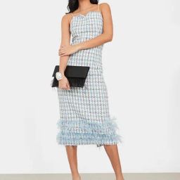 Styli Strappy Tweed Faux Feather Hem Bodycon Midi Dress-image-39