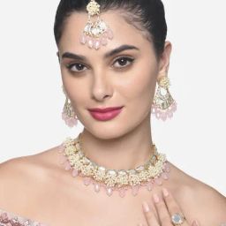 Zaveri Pearls Pink Beads Kundan Cluster Pearls Necklace Earring Maangtikka & Ring Set-ZPFK16232-9