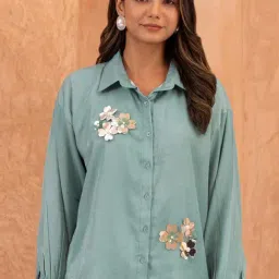 BInfinite Teal Ivory Embellished Shirt-image-61