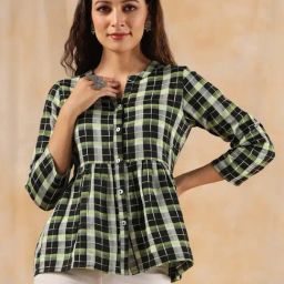 Jaipur Kurti Green Check Peplum Top-image-0