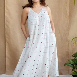 The Indian Ethnic Co White A-Line Block Printed Cotton Dress with V Neck & Sleevesless-image-11