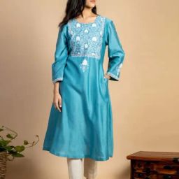 Mushio Turquoise Ananya Embroidered Chanderi Silk Kurta-image-9