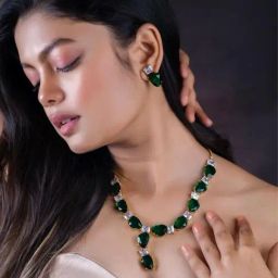 Johori Statement Bottle Green Colour Stone Necklace with Stud Set for Women-14
