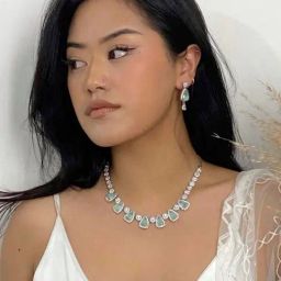 Johori Delight Silver Plated Mint Stone Necklace with Stud Set for Women-22