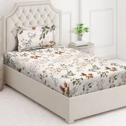 Arrabi Cream & White Floral Printed 350 TC Single Bedsheet Set 2.15 m x 1.5 m-picture-16