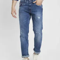 Spykar Mid Blue Cotton Regular Fit Distressed Jeans-picture-29