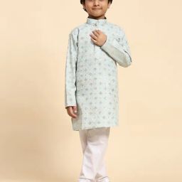 Pro-Ethic Style Developer Kids Light Blue & White Embellished Full Sleeves Kurta with Pyjamas-image-81