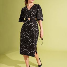 Globus Polka Dot Printed Flared Sleeve Cut-Out Detail A-Line Dress-picture-13