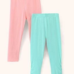Pine Kids Three Fourth Length Biowashed Cotton Stretchable Leggings Solid & Leaf Print Pack Of 2 - Pink Green-image-18