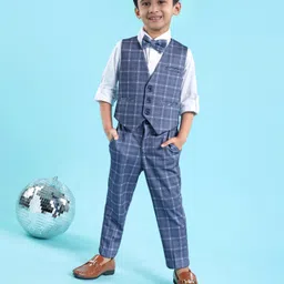 Robo Fry Cotton Lycra Full Sleeves Checkered Party Suits with Bow Tie - Blue-image-77