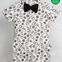 Nino Bambino 100% Cotton Half Sleeves Bow Applique Cookies & Milk Bottle Printed Romper - White-image-35