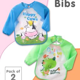 Full Sleeves Washable Waterproof Printed Apron Wearable Bibs -Pack Of 2- Blue & Green-16