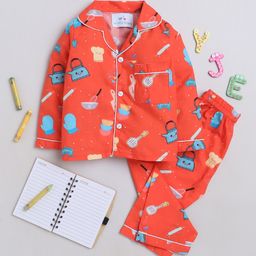 Knitting Doodles Premium Cotton Full Sleeves Baking Theme  Printed    Coordinating Night Suit - Red-image-57