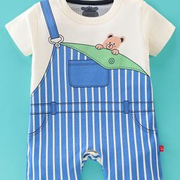 Mini Taurus Cotton Knit Half Sleeves Romper Stripes & Bear Print - Blue-image-20