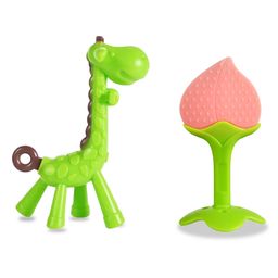 Chinmay Kids Silicone Baby Teether Giraffe and Stand Shape Baby Teething Toy Cartoon BPA Free Teether Green & Light Pink-21