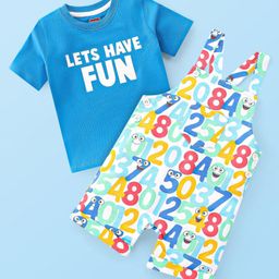 Babyhug 100% Cotton Knit Dungaree & Half Sleeves T-Shirt Set With Text & Number Print - Blue-image-10
