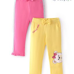 Babyoye Cotton Full Length Legging With Teddy Bear Print & Bow Applique Pack of 2 - Pink & Yellow-image-8
