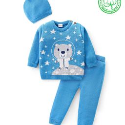 Babyhug Knitted Full Sleeves Pullover Sweater Set with Cap & Bear Design- Blue-image-46