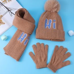 Pine Kids Woolen Pom Pom Applique & Text Design Cap With Muffler & Pair Of Gloves - Brown-picture-3