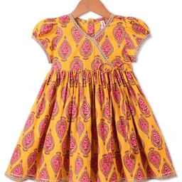 Babyhug Cotton Woven Short Puffed Sleeves Ethnic Dress with Floral Print & Lace Detailing - Yellow-image-96