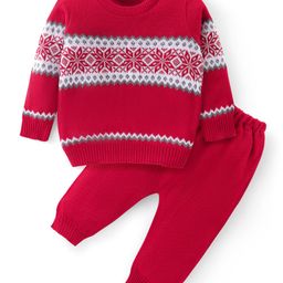 Babyhug Knitted Full Sleeves Pullover Sweater & Pant Set With Aztec Design - Red-image-19