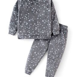 Babyhug Velour Woven Full Sleeves Winter Wear Co-Ord Set With Moon & Stars Print - Grey-image-82