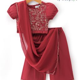 Babyoye Woven Puffed Sleeves Floral Embroidered Top & Palazzo Set with Dupatta - Dark Red-image-58